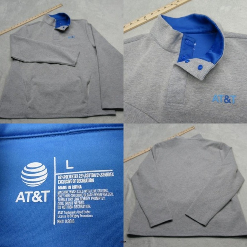 AT&T Sweatshirt Mens Large Gray Blue Pockets Snap Mock Neck Fleece‎ Employee